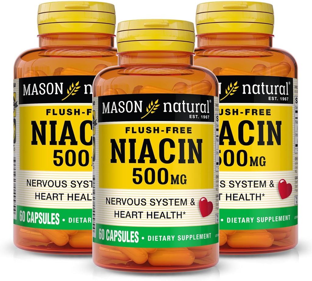 MASON NATURAL Niacin 500 mg fără culoare, susţine sănătatea inimii, sistemul nervos şi producerea energiei, 60 capsule, ambalaj de 3 capsule