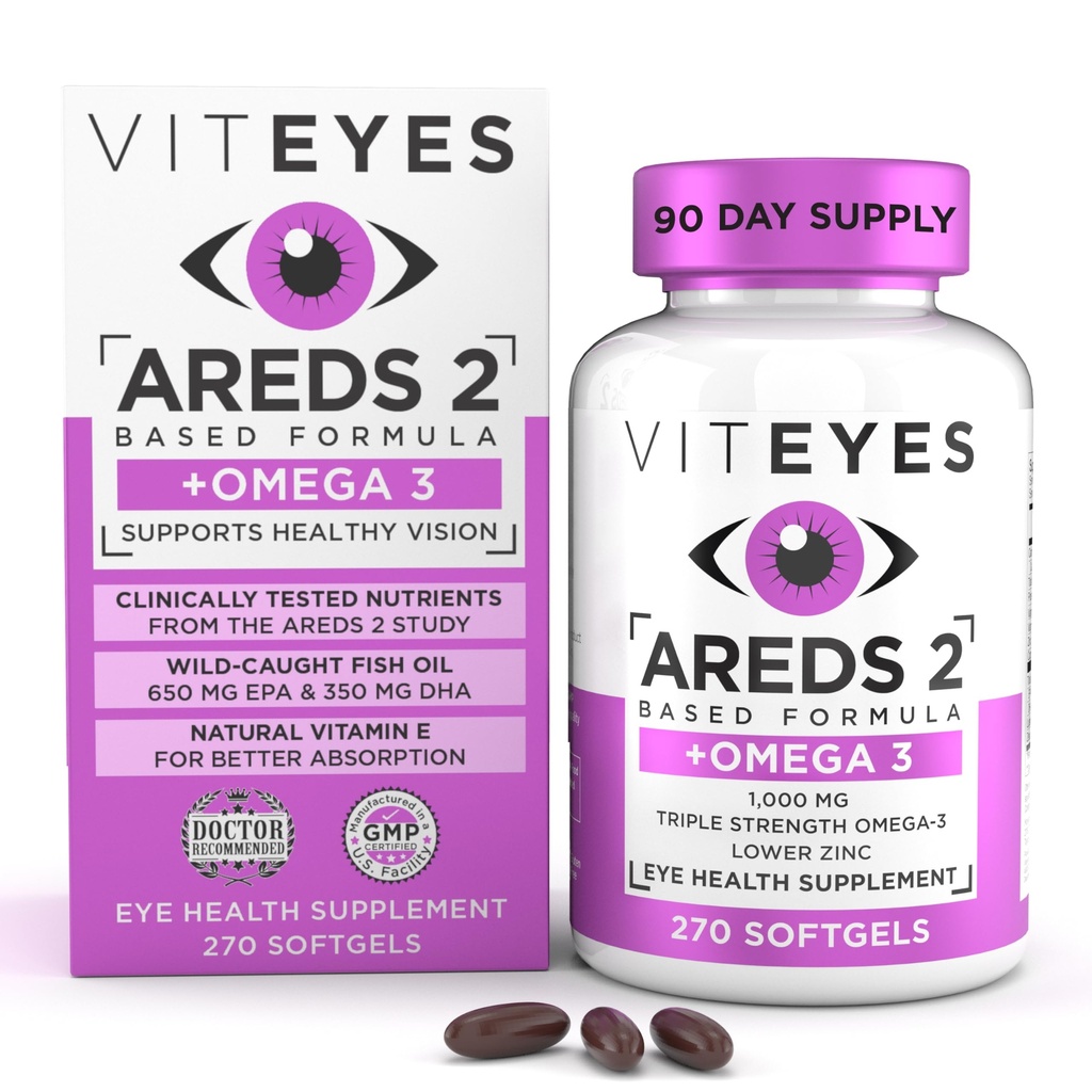 Viteyes AREDS 2 + Omega-3 Suport macular Softgels, Plus Triple Putere Omega-3 (650 mg EPA, 350 mg DHA) pentru Heart Health & Eye Health, Vitamine Eye, Vision Supplement, 270 Softgels