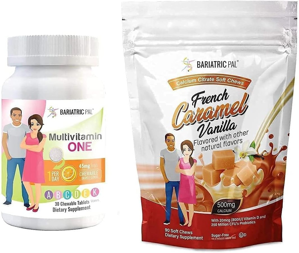 BariatricPal 30-Day Bariatric Vitamina Bundle (Multivitamine ONE 1 pe zi! cu 45mg Fier Chewable - Orange Citrus and Calciu Citrate Soft Chews 500mg cu Probiotice - Caramel Vanilie franceză)