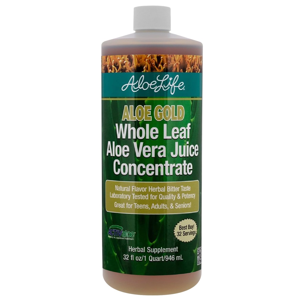 Aloe Life - Leaf întreg Aloe Vera Juice, Certified Organic, Gluten-Free (Aloe Gold, 32 oz)