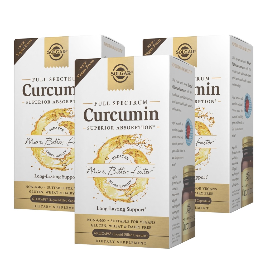 Solgar Spectrum Curcumin - 60 LiCaps, Pachet de 3 - Absorbție superioară - Brain, Joint & Immune Health - Non-GMO, Vegan, Gluten gratuit, lactate gratuit - 180 Serviri totale