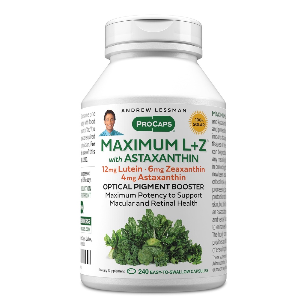 ANDREW LESSMAN Maximum L+Z with Astaxanthin 240 Softgels - 12mg Lutein, 6mg Zeaxantină, 4mg Astaxantină. Nutrienți cheie pentru a sprijini ochi și sănătatea creierului, și să promoveze viziune sănătoasă.