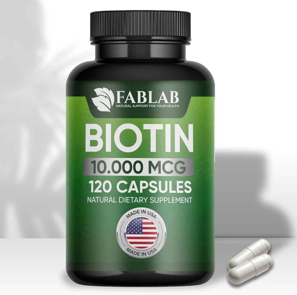 FabLab Biotin 10000 mcg Vitamine cu colagen, Keratina pentru femei si barbati - Biotina unghii de păr Supliment pentru păr, piele, şi unghii Wellness - Made in USA, 120 capsule