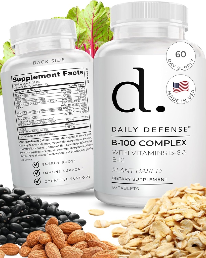 B Complex de vitamine pentru bărbaţi şi femei B-100 cu vitamina B-6, vitamina B-12, tiamină, & mai mult - Suplimente energetice pe bază de plante pentru suport imun şi cognitiv - 60 comprimate