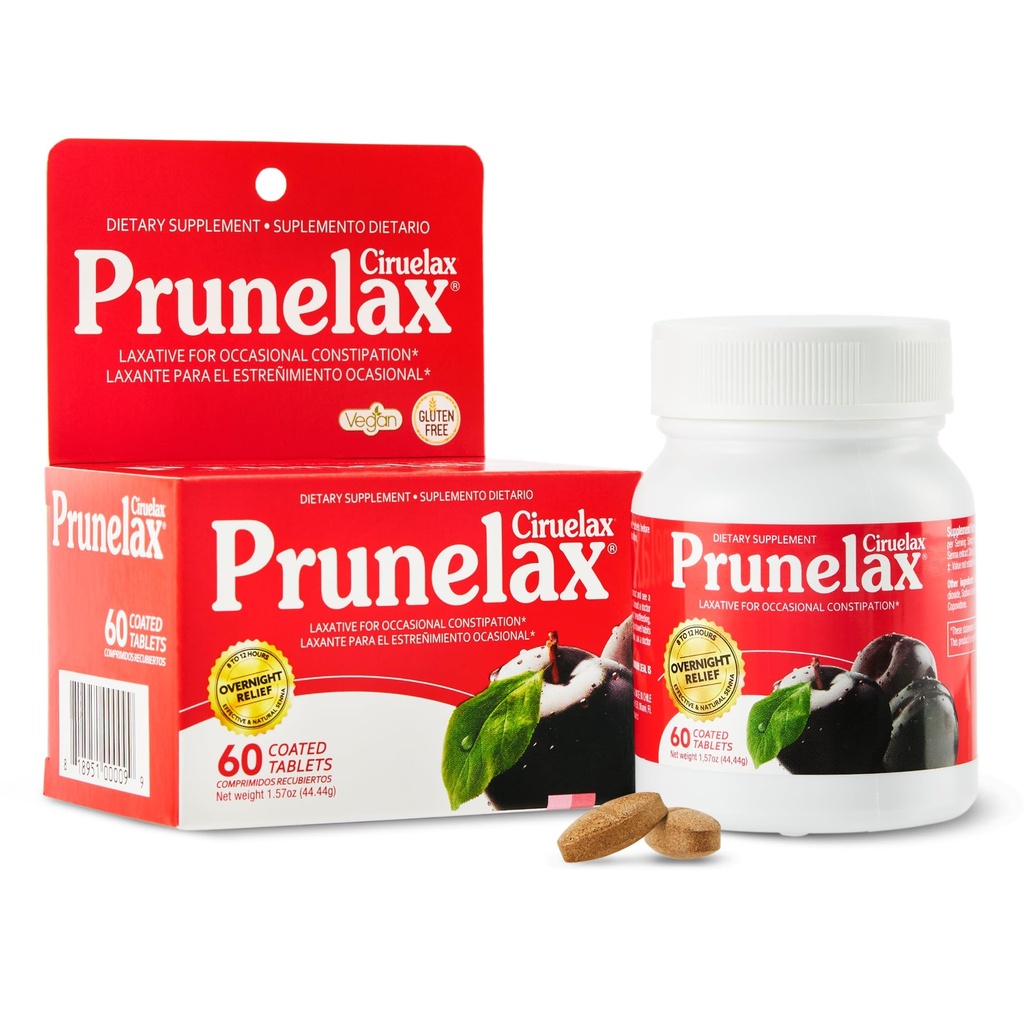 Prunelax Ciruelax comprimaturi regulate de putere Laxative - Relief peste noapte pentru constipație ocazională, extract de senna, Vegan & Gluten-Free, Fast-Action blând ajutor - 60ct
