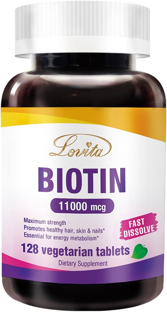 LOVITA Putere maximă 11,000mcg Biotină: Rapid-Dizolvare, Tablete vegetariene - Absorbed ușor, Gluten & lactate-Free, 128 comprimate Vegan-Friendly