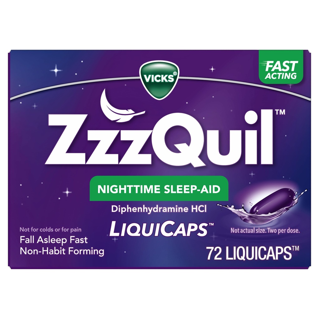 ZzzQuil LiquiCap Sleep Aid, Difenhidramină 25mg HCl, Sleep Aids pentru adulți, Somn de noapte Ajutor, 72 LiquiCaps