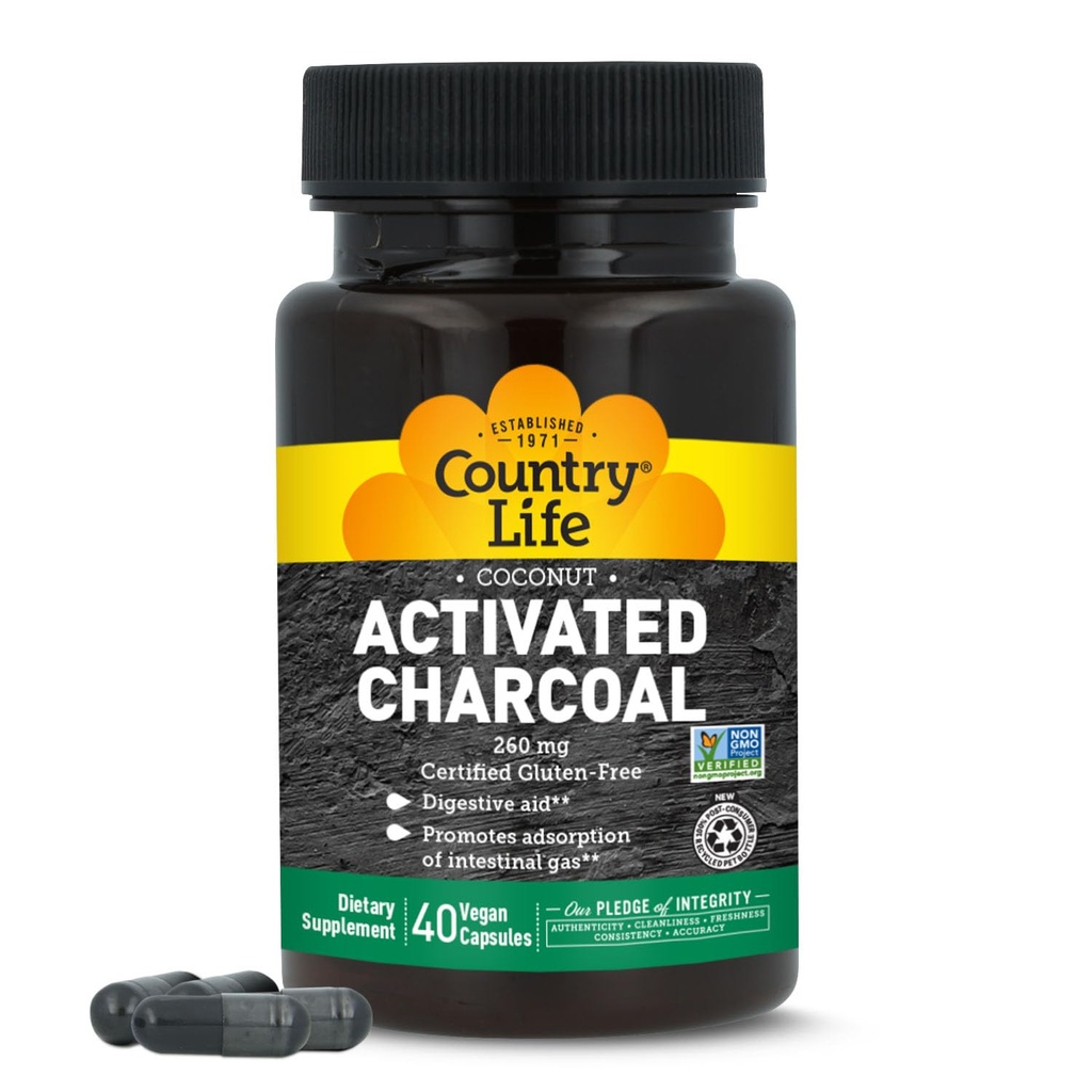 Country Life Nucă de cocos Capsule Charcoal activate, 260 mg 