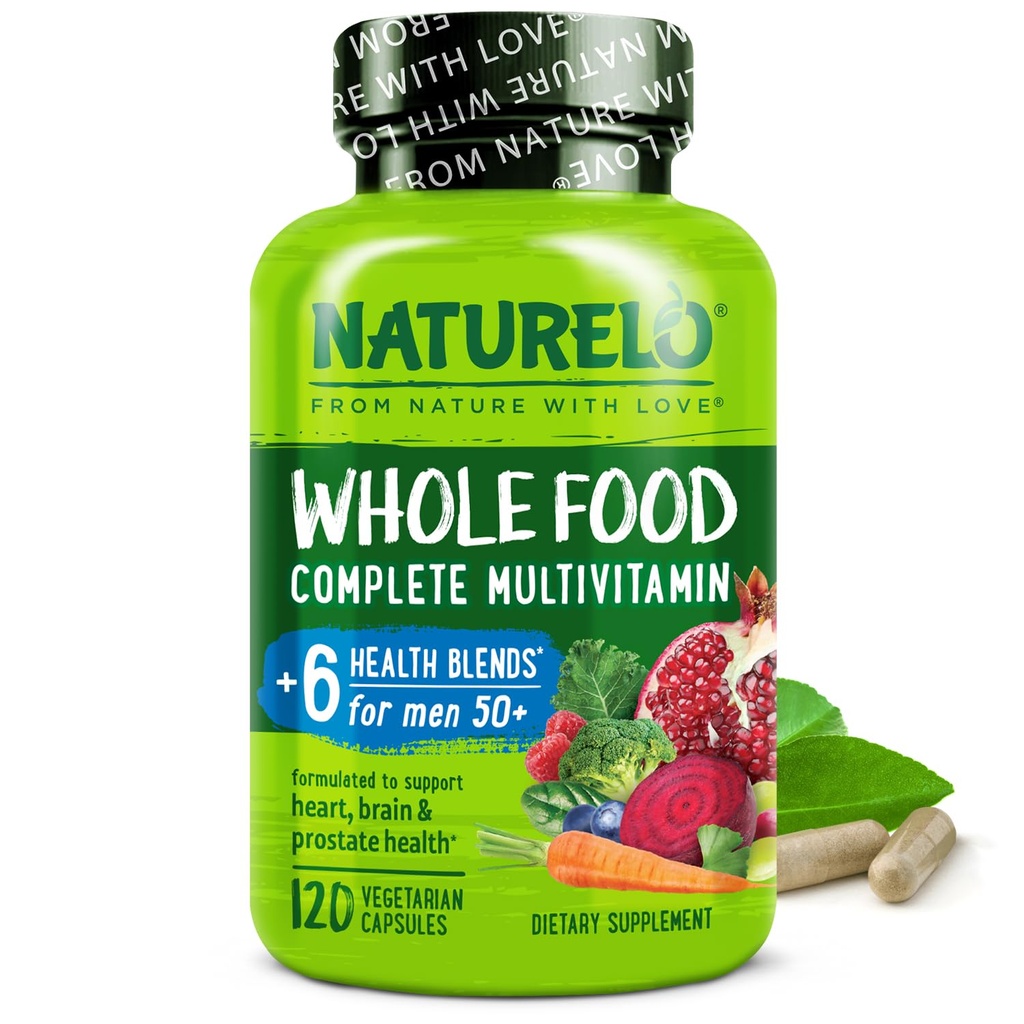 NATURLO Întreaga alimente Multivitamine pentru bărbați 50+ - cu vitamine, minerale, extracte vegetale organice - Vegan Vegetarian - pentru energie, creier, inima si sanatatea ochilor - 120 capsule