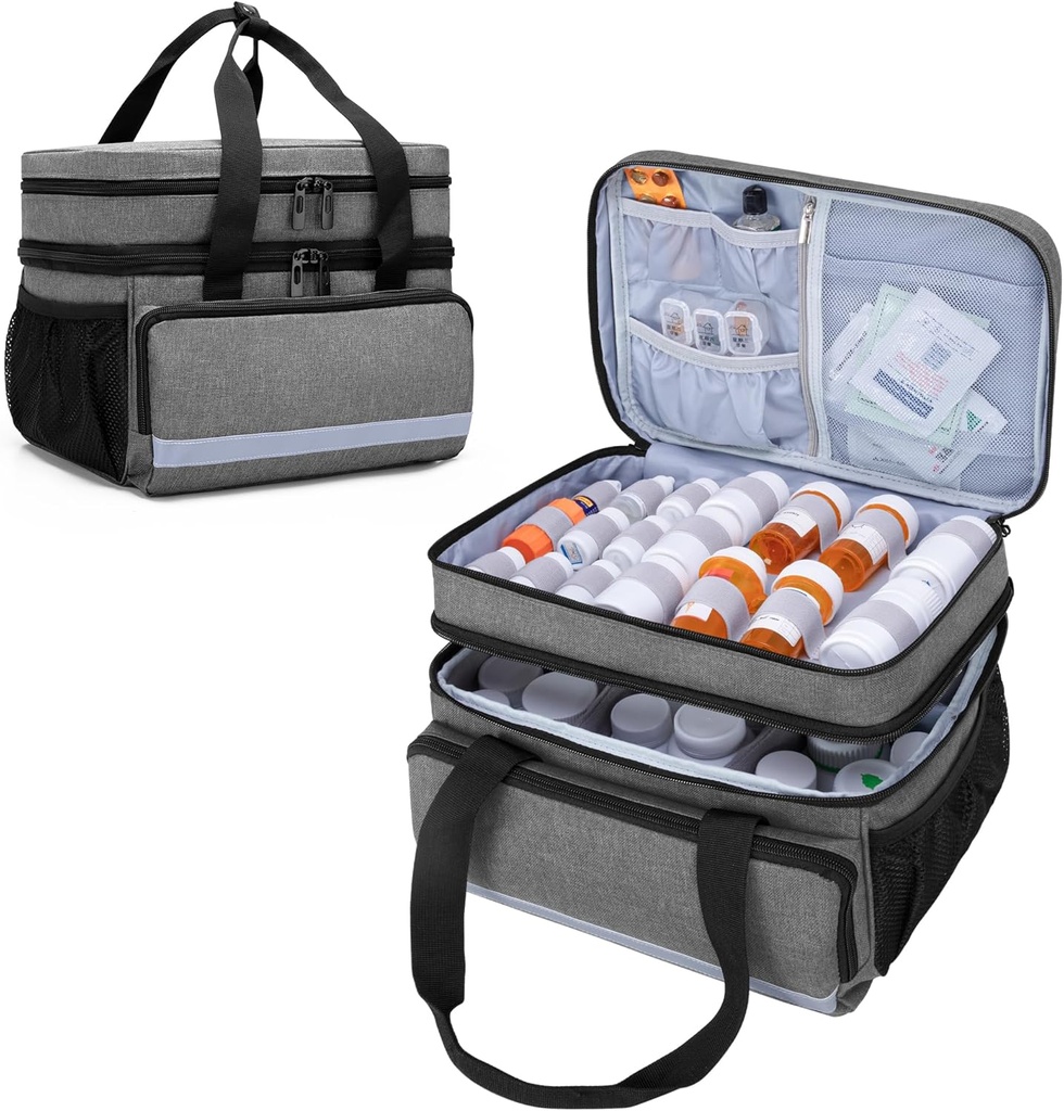 CURMIO Double Layers Pill Bottle Organizator Geanta goala, Medicina Organizator Caz de stocare cu fermoari Lockable, Sac de călătorie medicament pentru sticle de prescriptie medicala, Gray (Patent Design)