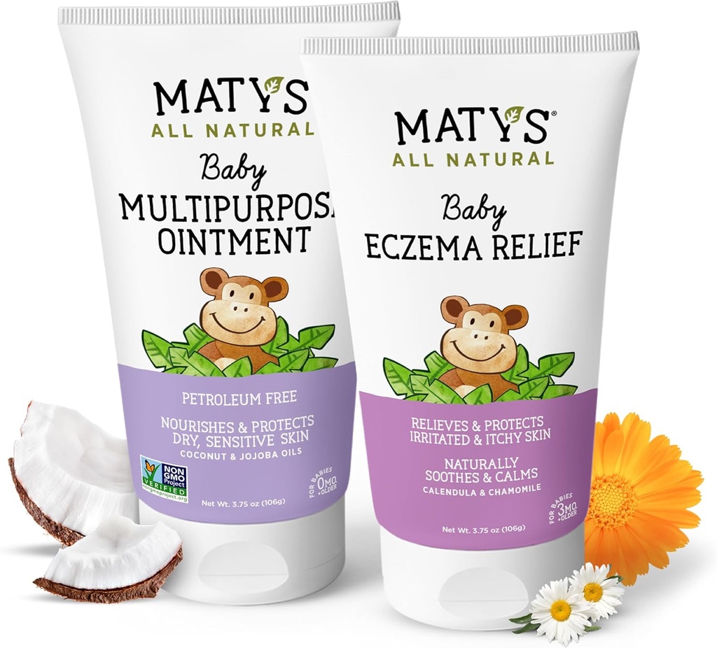 Matys Baby Eczema & Multifunctional Ointment 2pk Combo pentru bebelusi 3 luni +, Soothe Eczeme & Nourish Dry Skin, Steroid / Petroleum gratuit, 3.75oz fiecare tub
