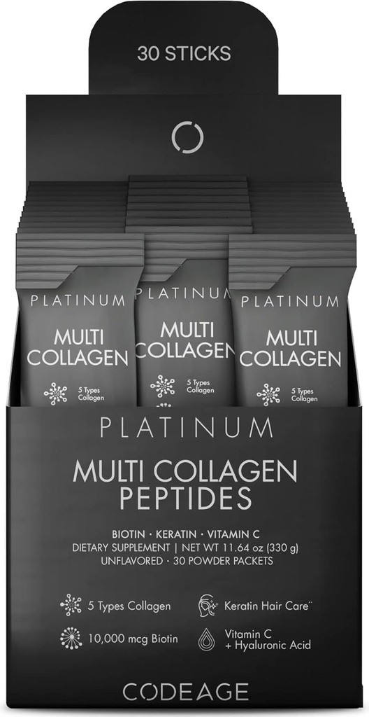 Codaj Multi Colagen şi Biotin 10000 mcg + Vitamina C, B6 & D3, Keratina, Acid hialuronic, Niacin, 18 Aminoacidi - Stick Packs Supliment - 5 tipuri Colagen Pulverizare 