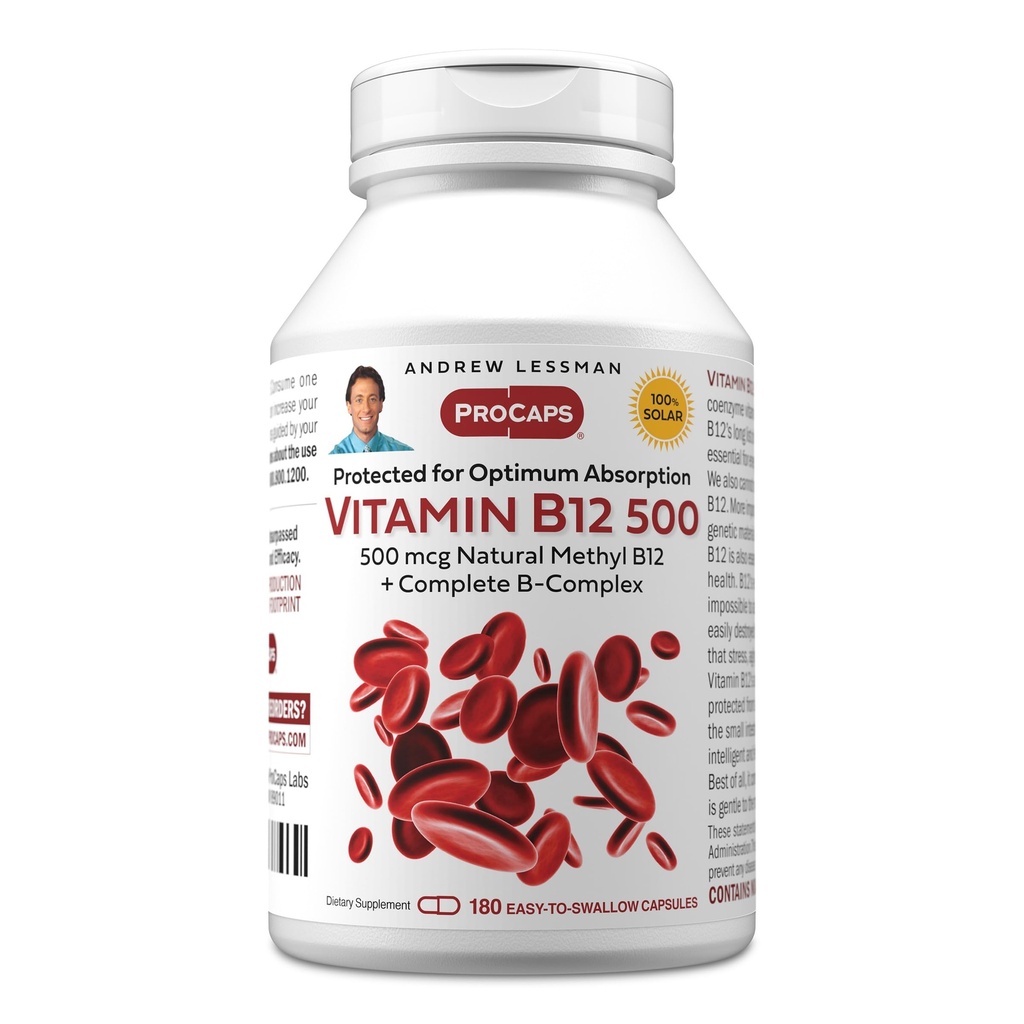 ANDREW LESSMAN Vitamina B12 500 180 Capsule - Metilcobalamină protejată prin absorbţie (coenzima naturală vitamina B12), esenţială pentru susţinerea energiei şi stresului, Plus B-complex, capsule uşor de înghiţit