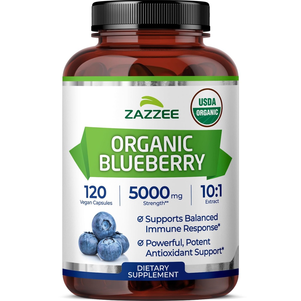 Zazzee USDA Organic Blueberry 10:1 Extract, 5000 mg Putere, 120 capsule Vegan, 4 luni de aprovizionare, concentrat și standardizate 10X extract de fructe integrale, 100% vegetarian, non-GMO, Made in the USA