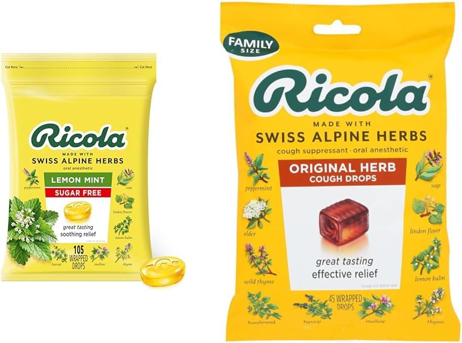 Ricola Sugar Free Lemon Mint Herbal Tuse Stropi de gât, 105ct Bag & Original Natural Herb Tuse Stropi de gât, 45 picături, lupte tuse natural