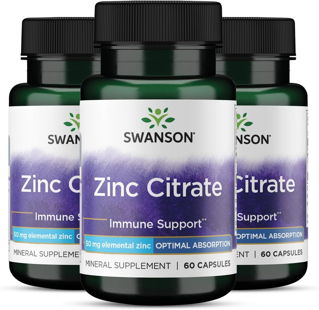 Citrat de zinc Swanson - Supliment mineral Promovarea sanatoasa Vision & Immune System Health - Formula naturala de sprijin wellness global - (60 capsule, 50 mg fiecare) 3 ambalaj
