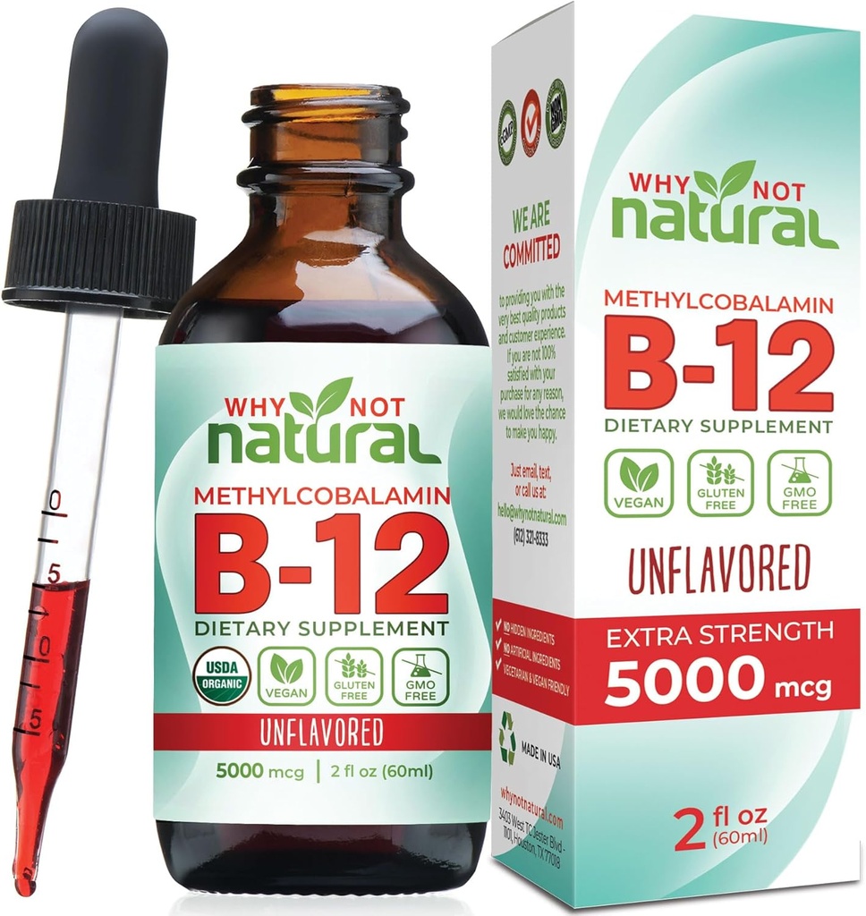 De ce nu naturale organice vitamina B12 lichid - sublingual extra puterea 60 x 5000 mcg picături de metilcobalamină, Vegan, Maximiza absorbţie şi energie