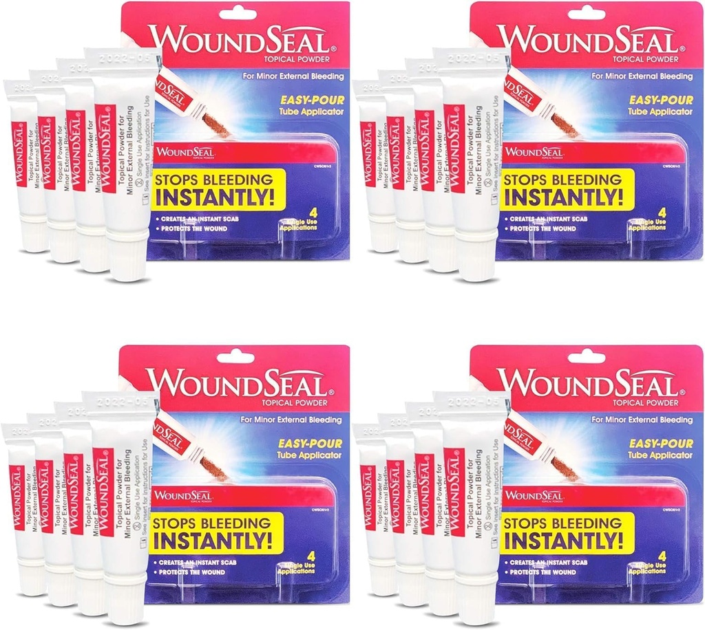 WoundSeal pulbere 4 Fiecare (Pachet de 4) - Primul ajutor de îngrijire a rănilor pentru tăieturi, zgârieturi și abraziuni - opreşte sângerarea în secunde fără cusături sau bandaje