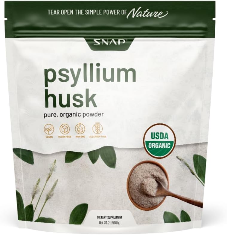 Snap Suplimente Psyllium Husk USDA Pulbere organică, Suport Sanatos Gut, Curatare Sistem Digestiv, SIDA Digestive Health, Non-GMO, Pure Organic Powder, 2LB