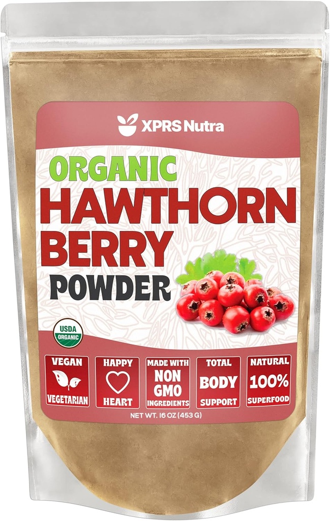 XPRS Nutra Organic Hawthorn Berry Powder - Premium USDA Organic Hawthorne Berry Powder pentru suport cardiovascular - Vegan prietenos Hearth Health Supplement (16 Ounce)