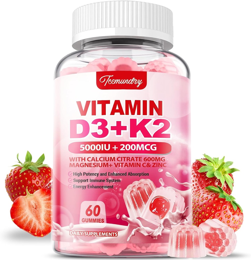 Vitamina D3 K2 Supliment pentru adulţi - Vitamina D3 5000 UI + K2 200 mcg - VIT D3 K2 Gume cu calciu 600 mg magneziu Zinc & vitamina C pentru femei Bărbaţi - Suporturi B0ne, Imune musculare