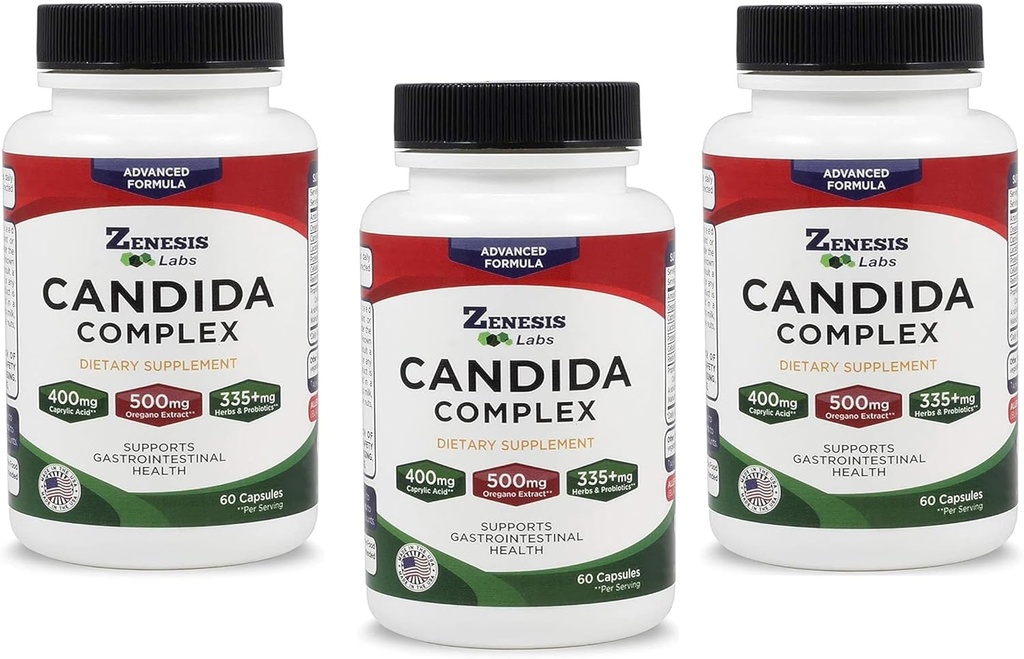 Zenesis Labs Candida Complex Cleanse Detox Acid Caprilic Supliment, Oregano Extract, Probiotice, Enzime - vrac 180 Capsule, 90 zile de aprovizionare (60 capsule/Sticle)