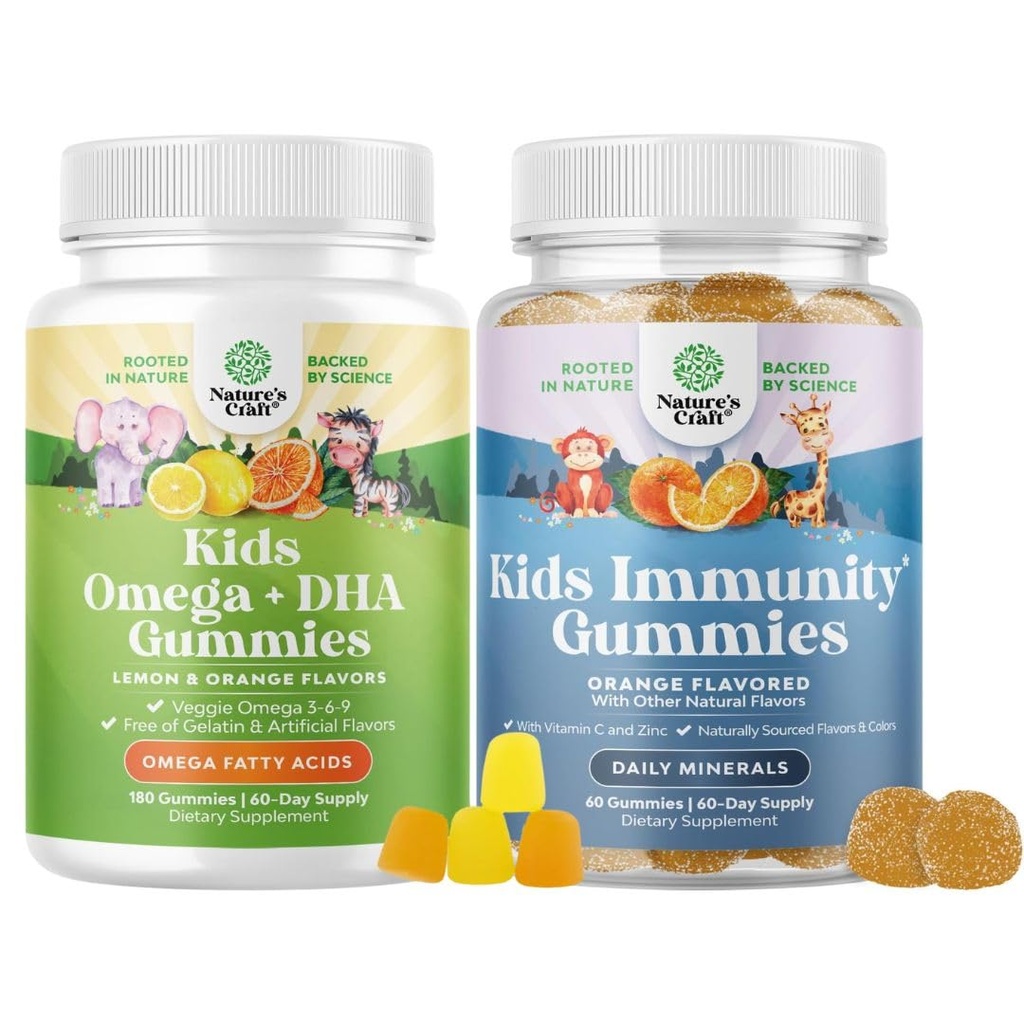Bundle de Gume Omega DHA pentru copii - acizi grasi Omega 3 6 9 cu vitamina C pentru creier, Imunitate & Viziune și copii de sprijin pentru imunitate Gummies - Vitamina C delicios cu zinc și echinacea Booster imun