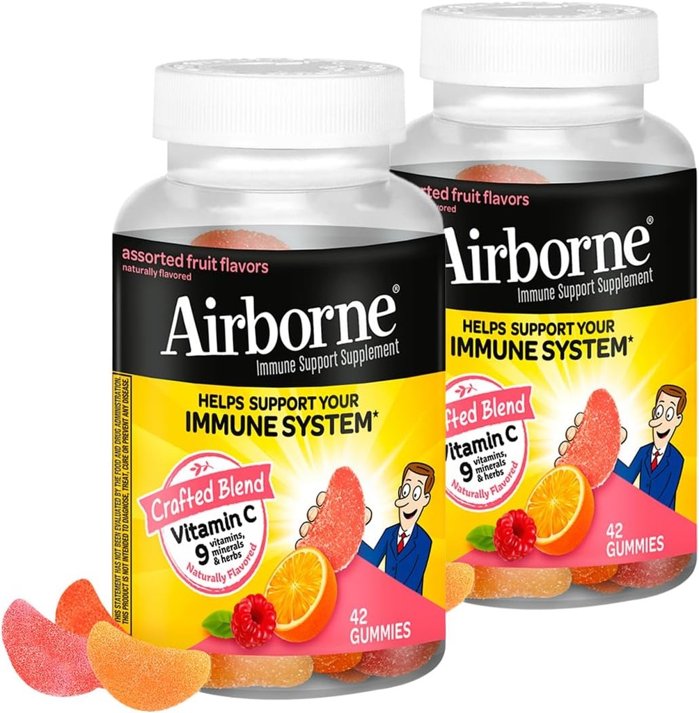 Aeroborne 750mg vitamina C Supliment de sprijin imun Gumies pentru adulți, Asortate aroma de fructe, Gluten Free Crafted Blend cu antioxidanți puternice vitamine A C & E, 42 gume (2 ambalaj)