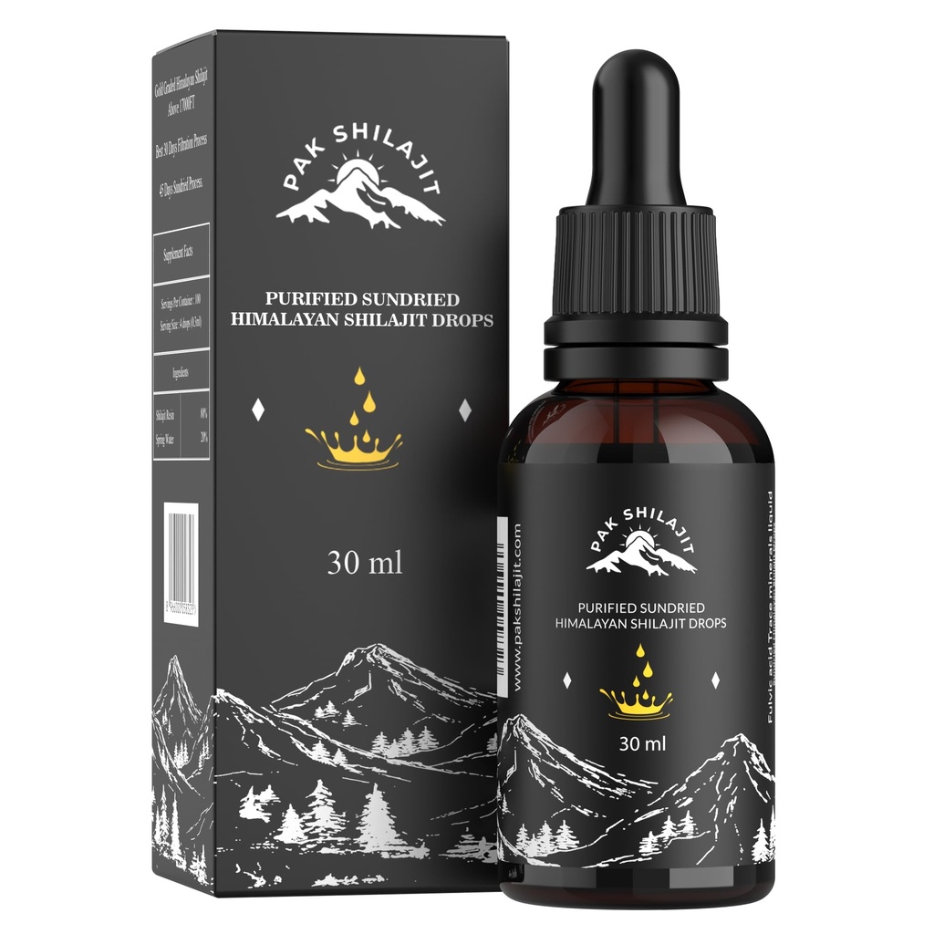 PakShilajit® Sun Drops lichid Himalayan Shilajit uscate, Cel mai Premium & organic aur Shilajit picături de peste 17000FT (30ML Pack), bogat în acid fuzelian Humic Acid natural supliment
