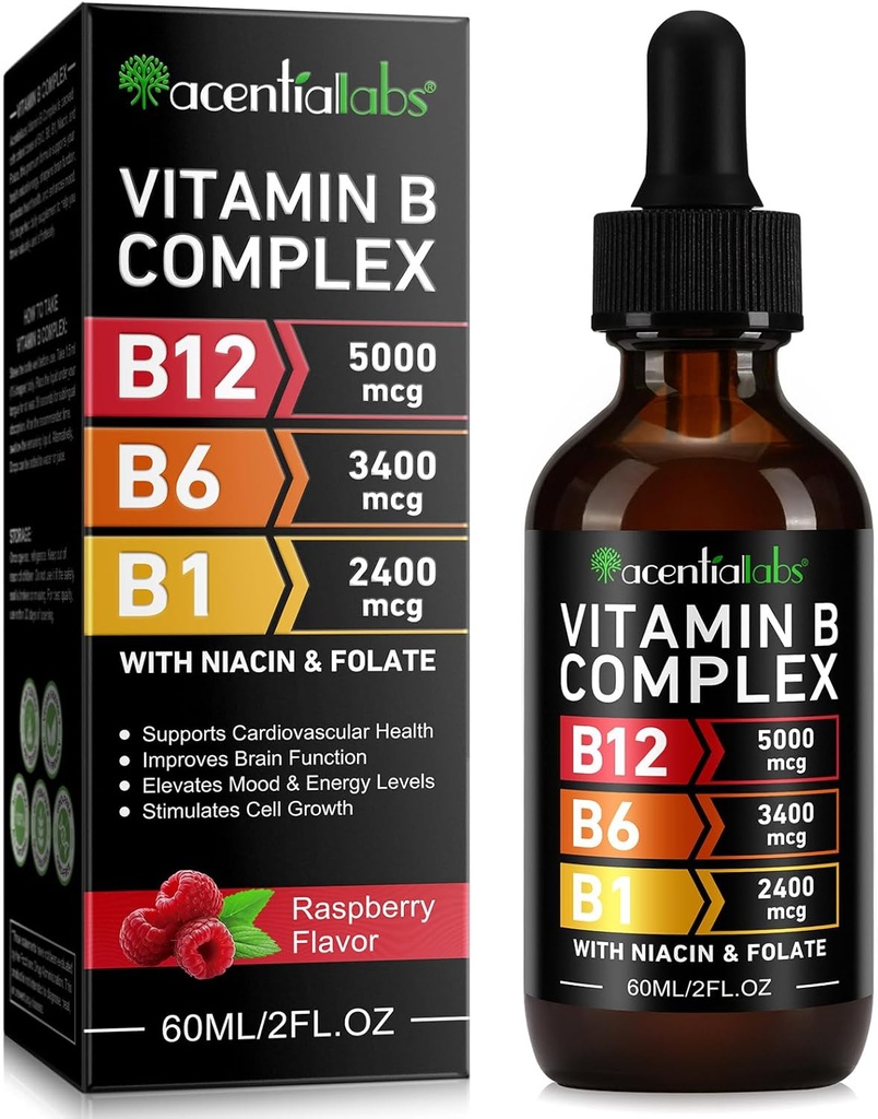 Vitamina B12 Picături lichide - Vitamina organică B12 picături sublinguale - Vitamina organică B-complex B5 Acid pantotenic - Vegan B12 Sublingual 5000 mcg cu vitamina B6, lichid B12 Suporturi metilcobalamină