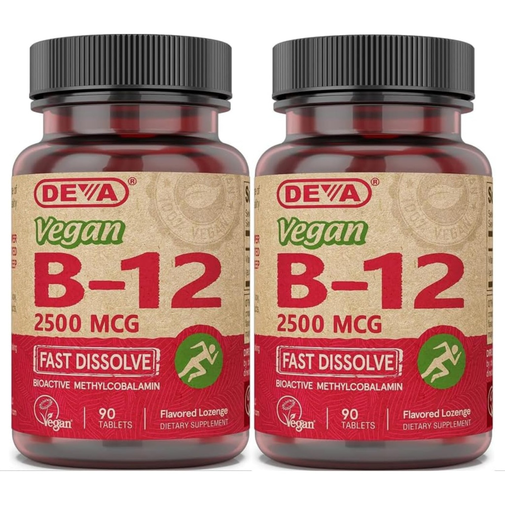 DEVA Vegan Vitamine B-12, Potenţă mare 2500 mcg B12, Dizolvare rapidă, Sublingual, 90 comprimate (Pachet de 2)