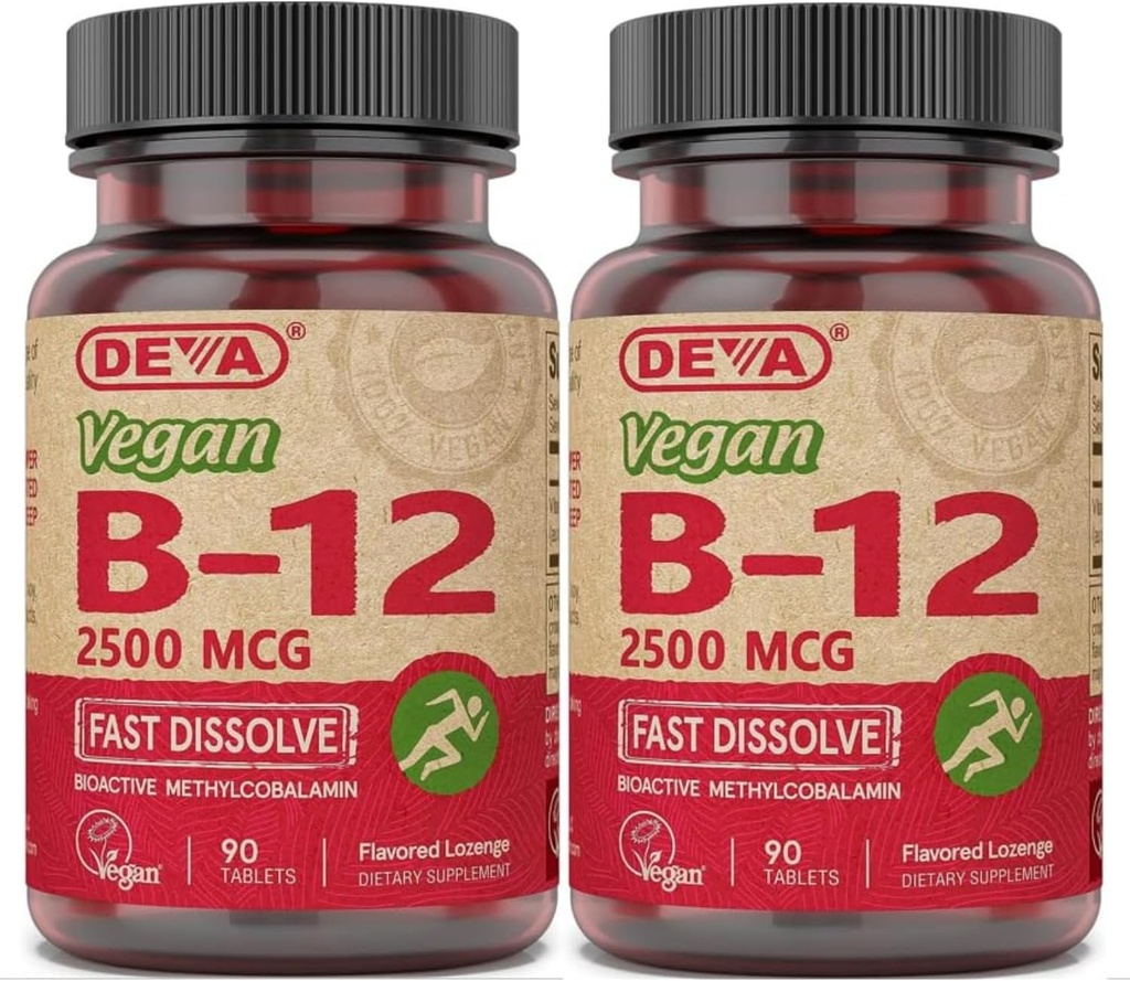 DEVA Vegan Vitamine B-12, Potenţă mare 2500 mcg B12, Dizolvare rapidă, Sublingual, 90 comprimate (Pachet de 2)