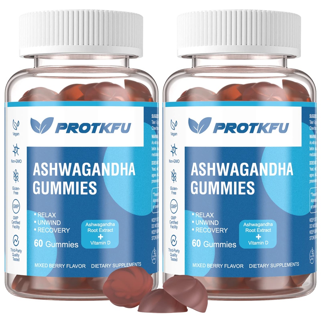 2 Pack Ashwagandha Gumies & Vitamina D3 Gumies Organic Aswangdha Supliment pentru îmbunătățirea somnului, Stres Relief & Mood calm (non-GMO, Gluten-Free & Sugar Free)