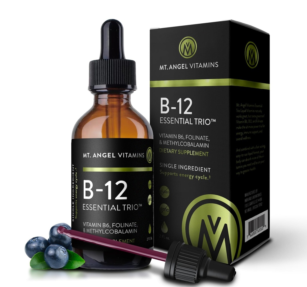 Vitamine Mt. Angel - B12 Essential Trio - Picături sublinguale Vegane cu metil B12 de înaltă calitate, B6 & Folate - Easy Absorbtion Liquid - Non-GMO, Made in USA