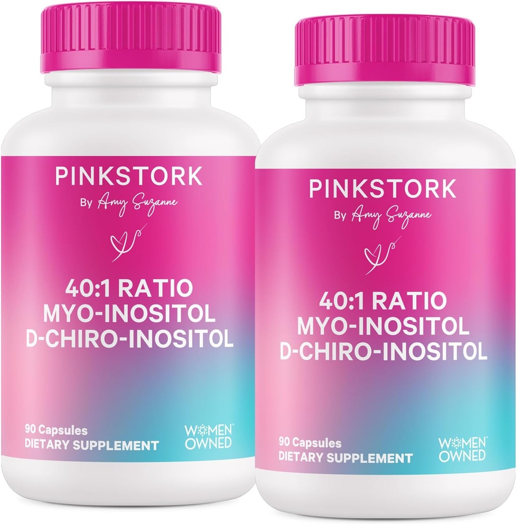 Pink Stork Myo-Inositol & D-Chiro Inositol Supliment - Echilibru hormonal pentru femei - Suport ovarian - 40:1 Raport - Suplimente de fertilitate pentru femei - 180 capsule, 2 luni de aprovizionare