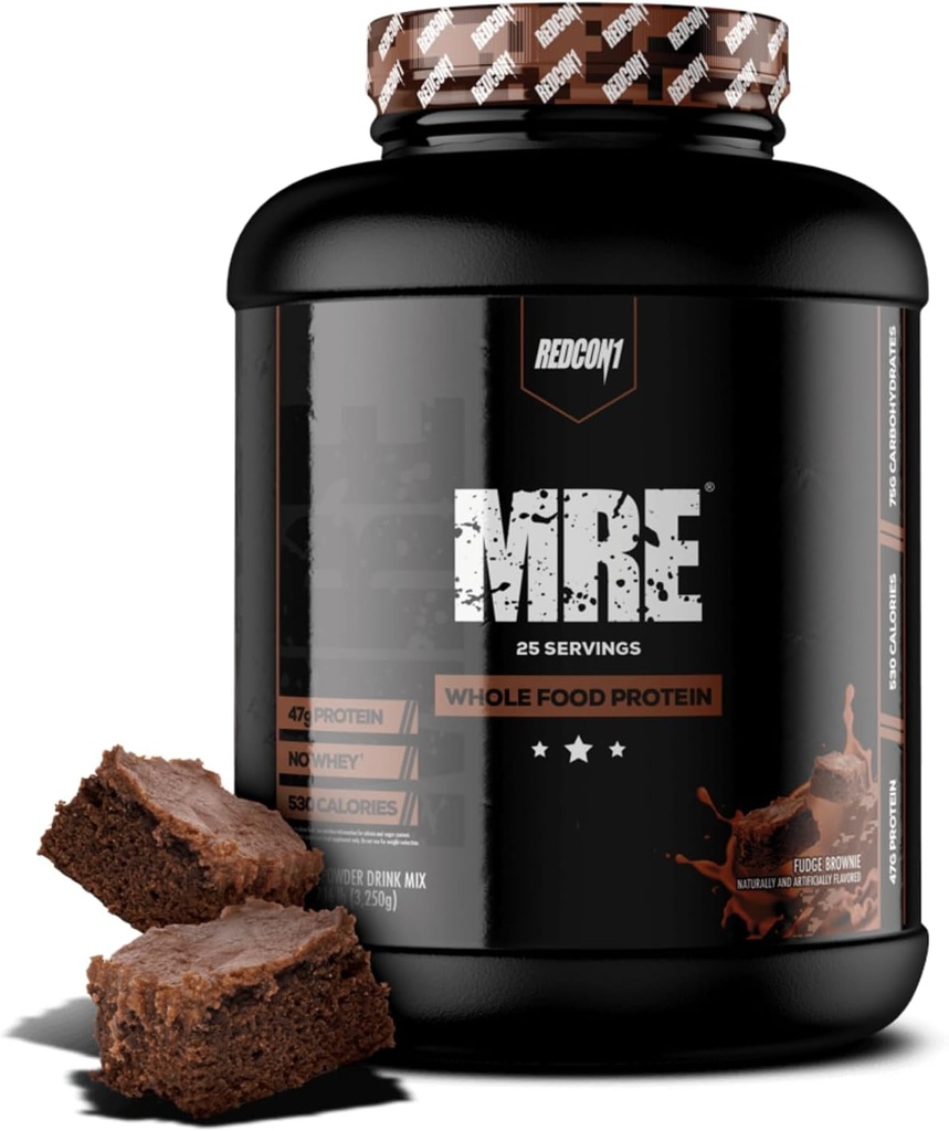 REDCON1 MRE Pulbere de proteine, Fudge Brownie - Amestec de proteine de înlocuire de masă Produs cu ulei MCT și alimente întregi - Proteine cu ingrediente naturale pentru a ajuta la recuperarea musculară (25 Serviri)