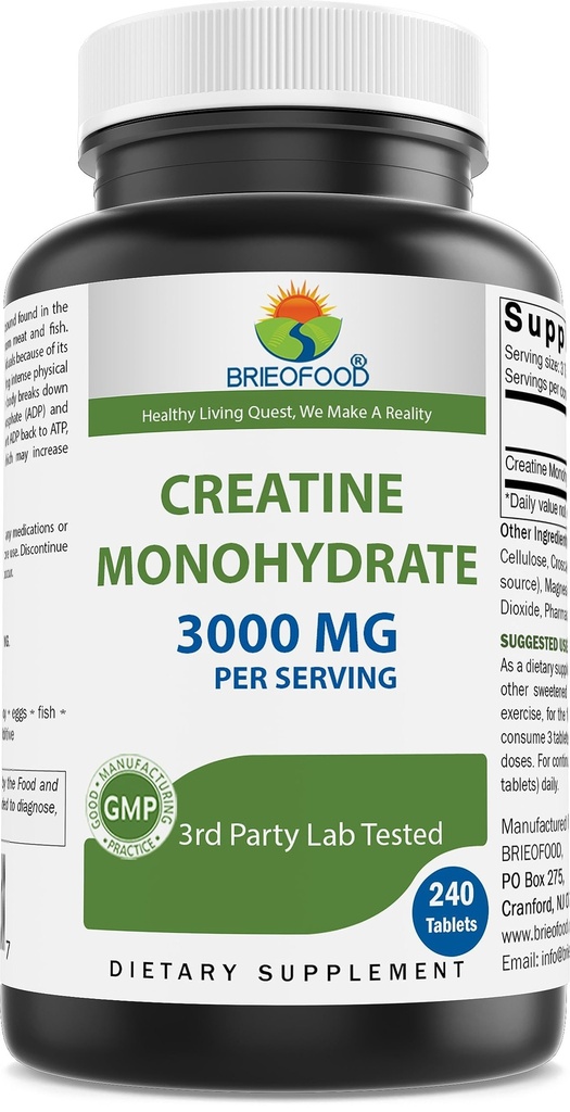 Brieofood Creatin Pastile 3000 mg per Serving - 240 tablete - 3rd Party Lab testat pentru puritate și calitate - ajută la îmbunătățirea performanței atletice
