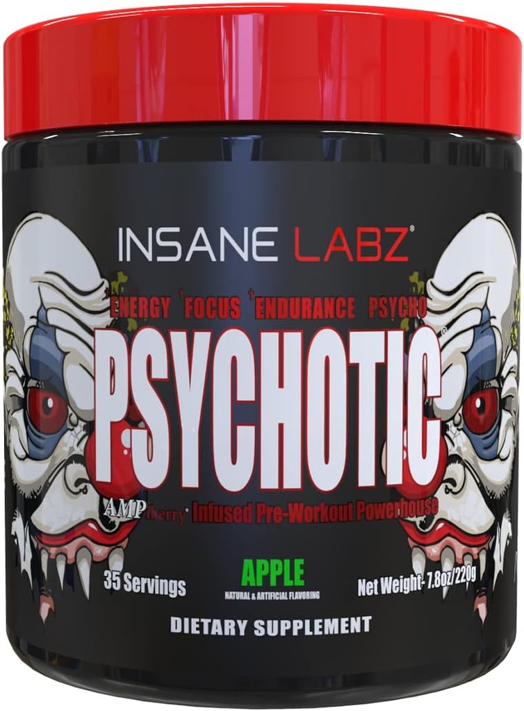 Insane Labz Psychotic, Pudră de antrenament de vârf, Energie de durată extremă, Focus și Perseverență cu Beta Alanine, Creatină Monohidrat DMAE, 35 Srvgs (Apple)