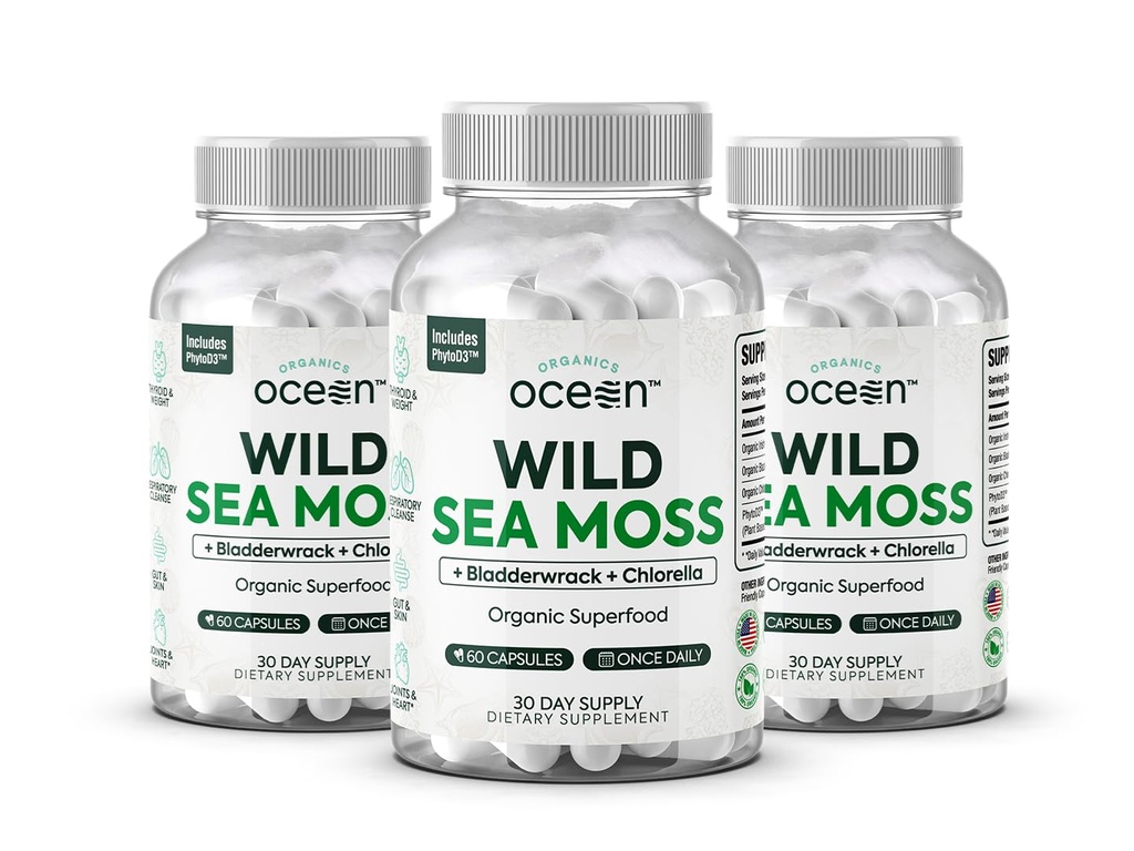 Organics Ocean Wild Sea Moss Capsule - 100% Organic Irish Sea Moss cu Chlorella organică, Bladderwrack și vitamina D pentru energie, Lung Sănătate și suport tiroidian pentru femei și bărbați - 3 sticle