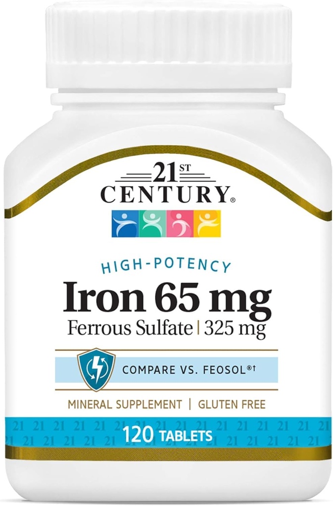 21st Century Iron 65 mg Ferros Sulfate 325 mg comprimate, 120 Count