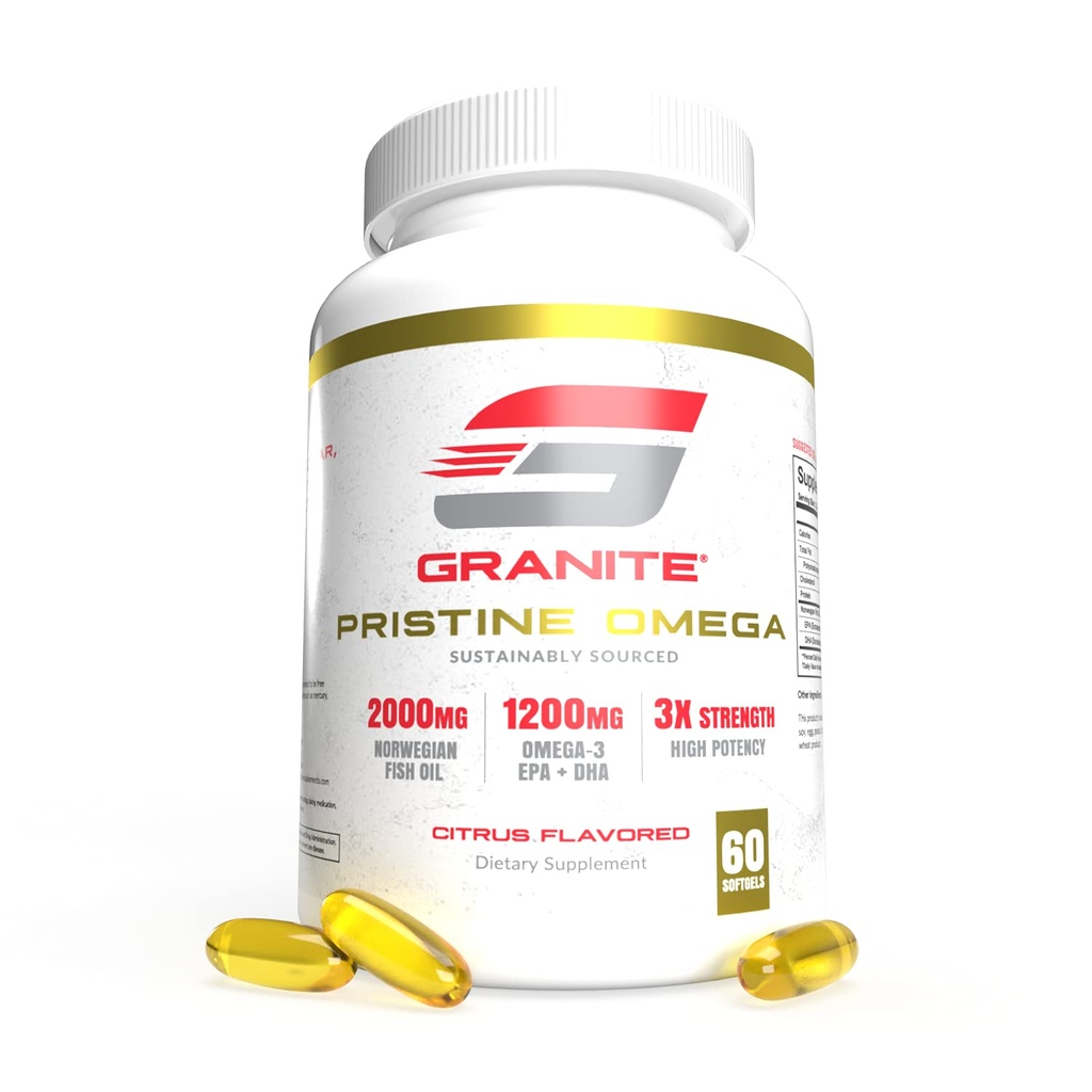 Granite Pristine Omega-3 Supliment, 2000mg Norvegian Oil Supplements with EPA & DHA, Supports Joint, Heart, Brain, & Mood, Sustainable Sourced, Puritate Testat (60 Softgels)