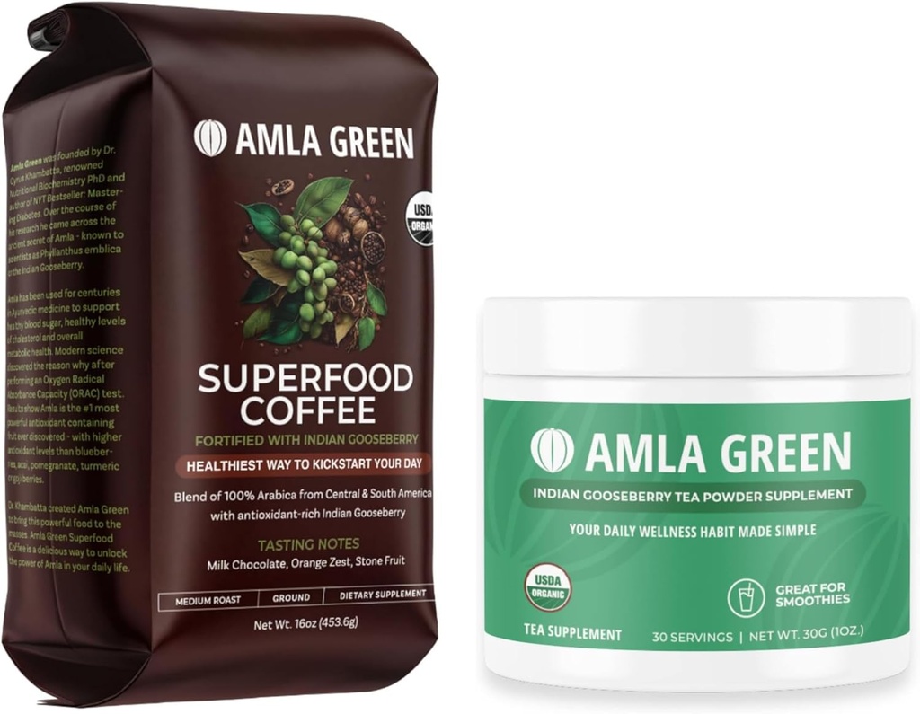 Amla Green Organic Ground Superfood Coffee, mediu Gourmet cafea și 20X concentrat Original Amla Power 30 Servire