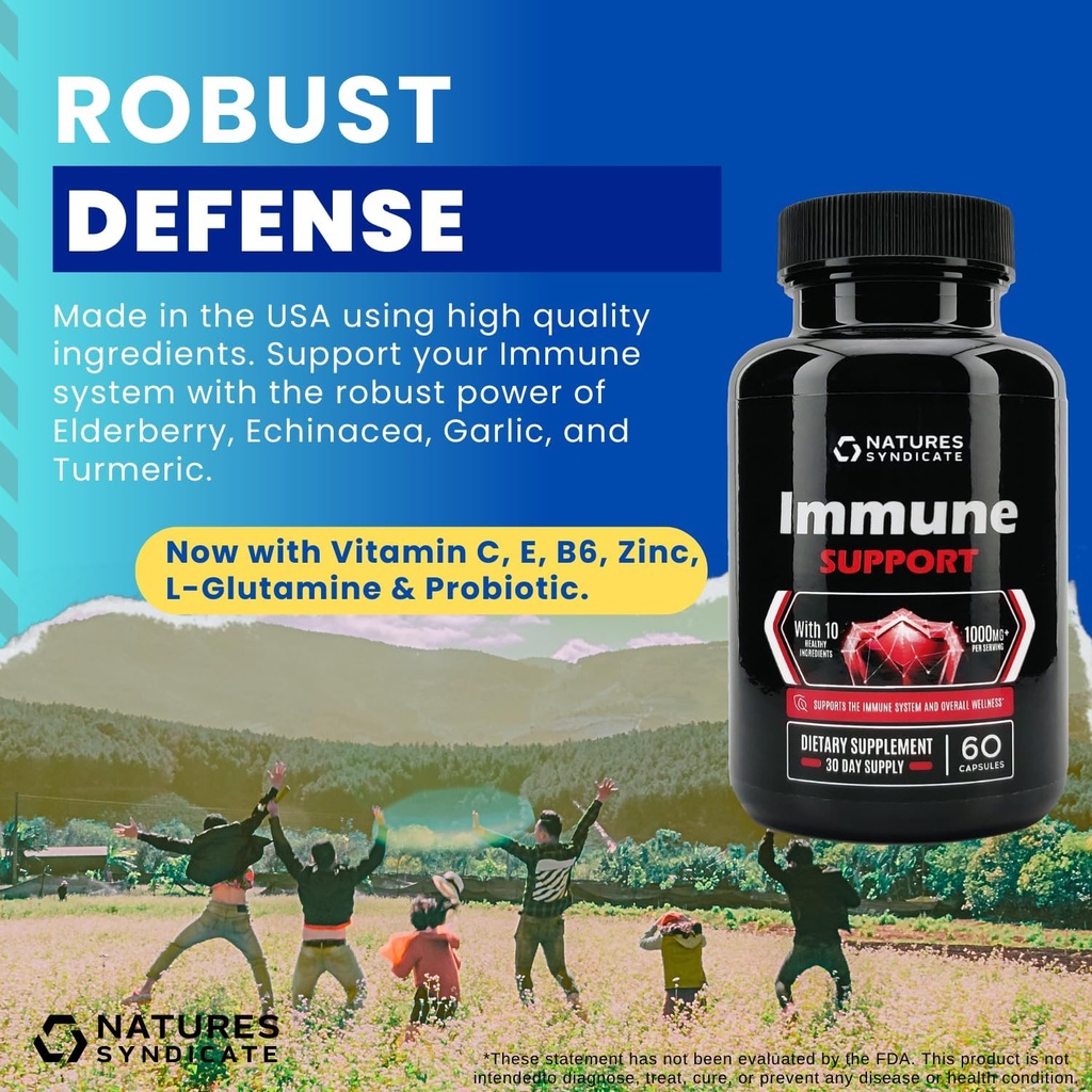 Suplimentul de suport imun - 10-in-1 cu Echinacea, Elderberry, Usturoi, Turmeric cu zinc, vitamina C, E, B6 & L-glutamină, 4,8 miliarde CFU Probiotic pentru adulți