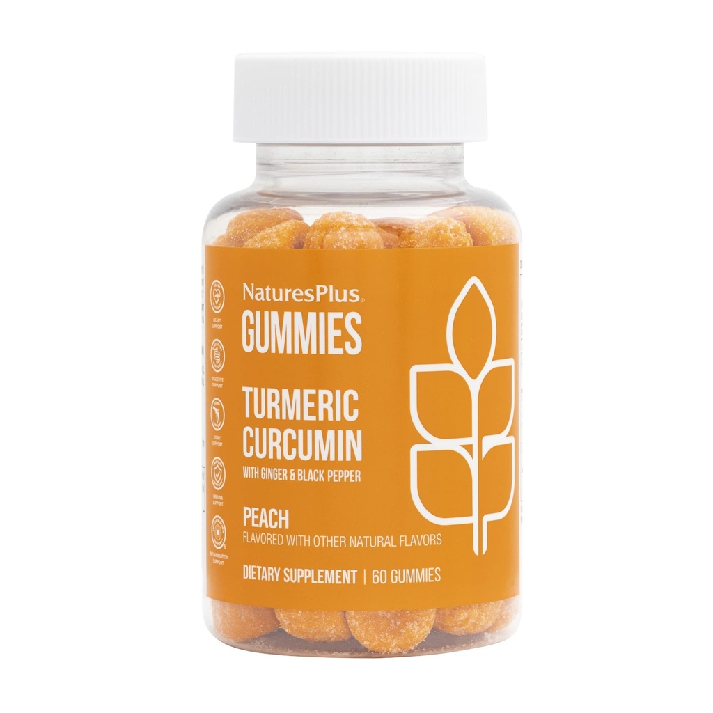 NaturesPlus Gummies Curcumin Turmeric - 60 Gummies, Peach - Sprijină Joint, Digestive & Cardiovascular Health - Vegan, Gluten Free, Non-GMO - 30 Servings