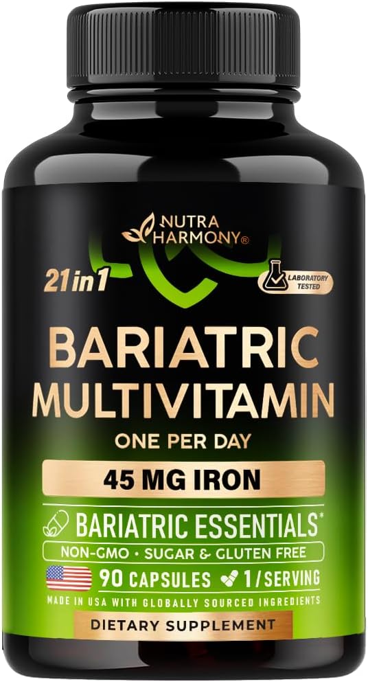 NUTRAHARMONY Multivitamine bariatrice - 45 mg Suplimente de fier - Made in USA - pentru femei si barbati - All-in-One, 21 Vitamine esentiale - Suport pentru maneca gastrica - Aroma tropicala usoara - 90 capsule