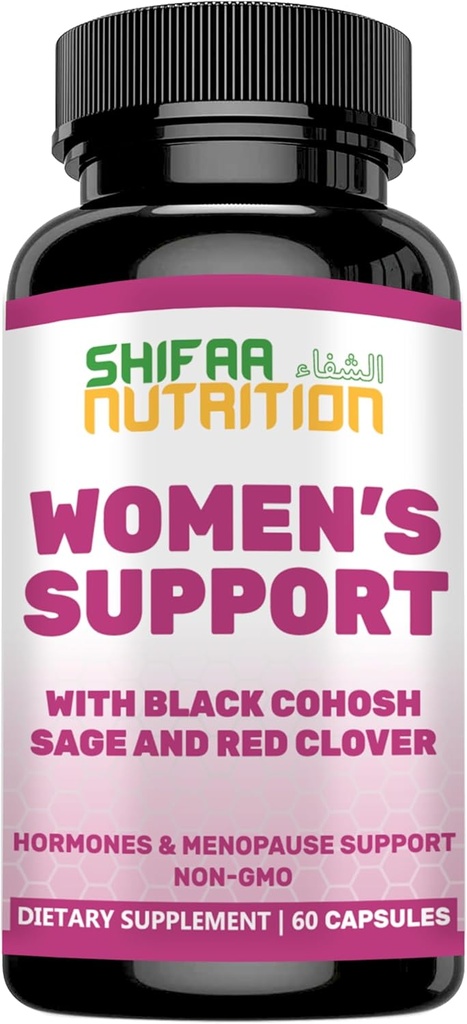 SHIFAA NUTRIŢIE Hormoni echilibru & Menopauza Suplimente pentru femei, Menopauza Relief - Suport pentru Flashuri fierbinţi, Swings mood w/Black Cohosh & Red Clover Halal Vitamine, 30 Serviri