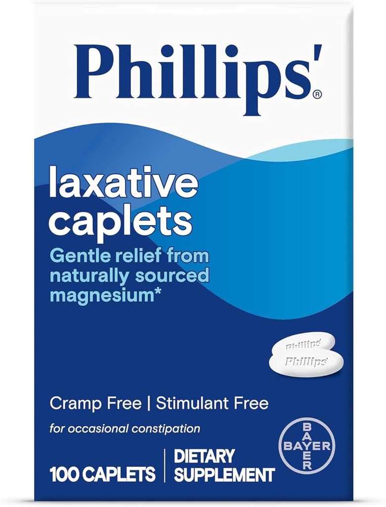 Caplete laxative Phillips, cu supliment de magneziu natural sursă pentru ușurare blândă de constipație ocazională, crampă și laxative gratuite stimulante, 100 Caplete