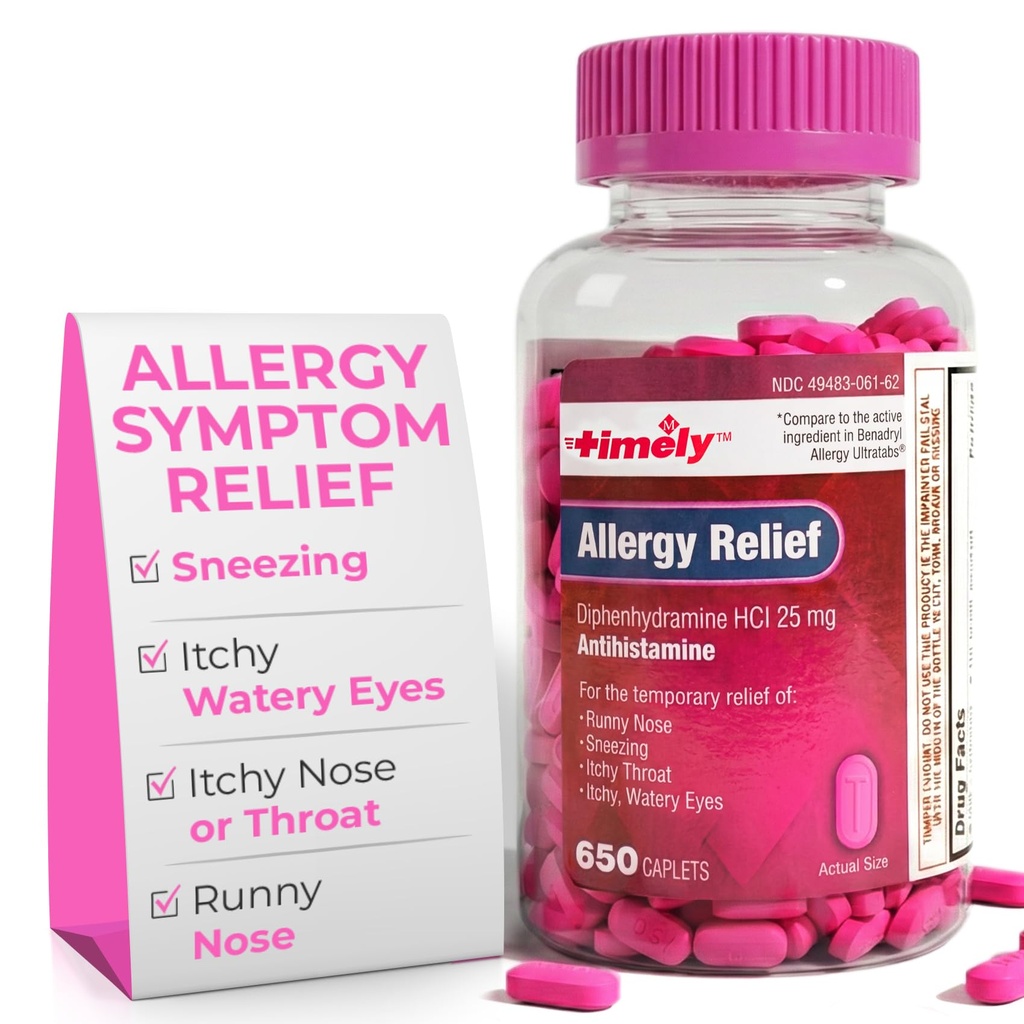 Clorhidrat de difenhidramină 25 mg - 650 Caplete - Comparativ cu Benadryl Alergia Ultratab - Antihistaminice - Medicamente pentru alergii - Relief de nas pentru adulţi - Tratament pentru ochi albi