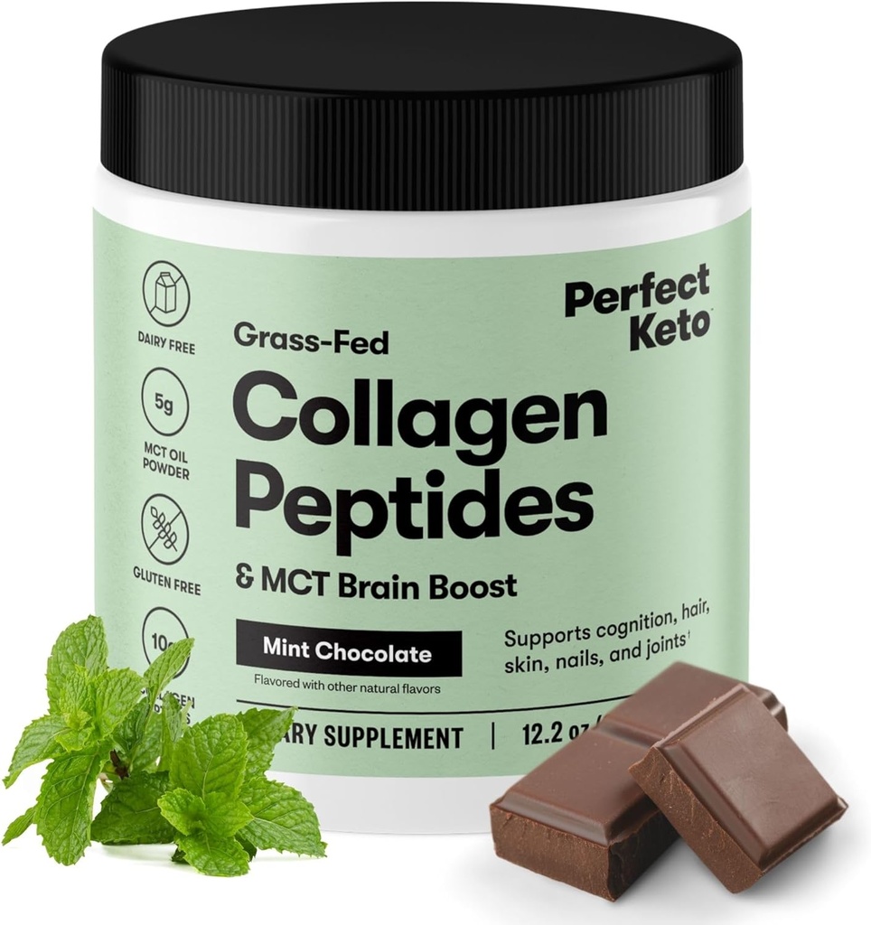 Keto Colagen Pulbere de proteine cu ulei MCT - Grassfed, GF, Multi Supliment, Cel mai bun pentru diete ketogenice, Utilizați ca Keto Creamer, în cafea și Shakes pentru femei și bărbați (Mint Chocolate)