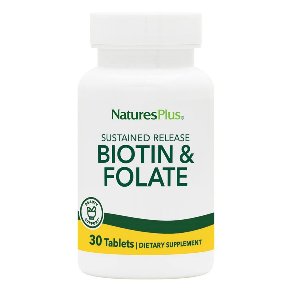 Naturas Plus Biotin & Acid folic (Metilfolat), eliberare susținută - 30 comprimate vegetariene - Vitamina B7 și vitamina B9, susține creșterea părului, Booster de energie, Vitamina prenatală - gluten-free - 30 Serviri